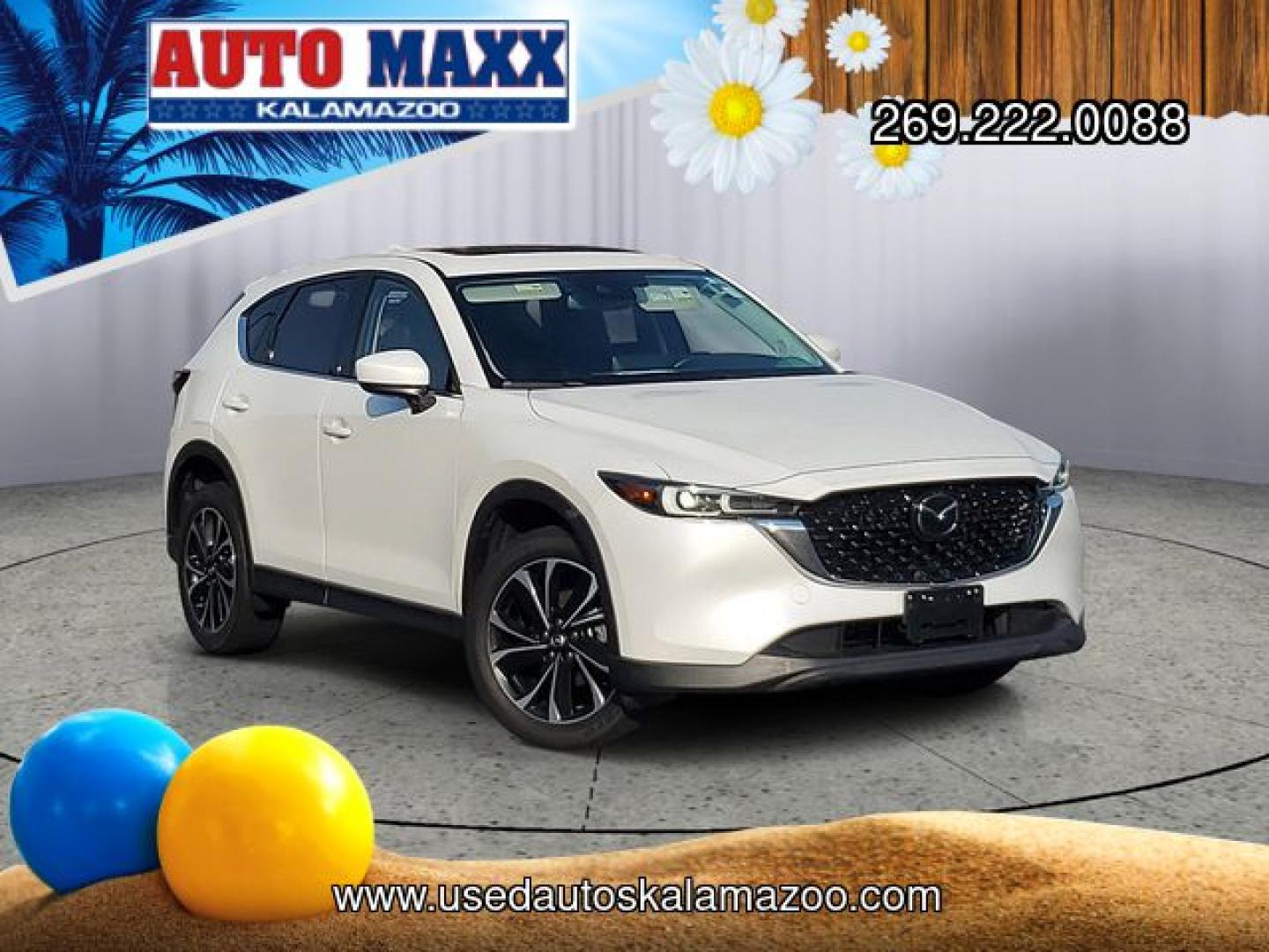 2023 White Metallic /Black Mazda CX-5 2.5 S Premium Package (JM3KFBDM2P0) with an SKYACTIV 2.5L 4-Cylinder DOHC 16V engine, Automatic transmission, located at 6064 Gull Rd, Kalamazoo, MI, 49048, (269) 222-0088, 42.328388, -85.512924- Photo#0