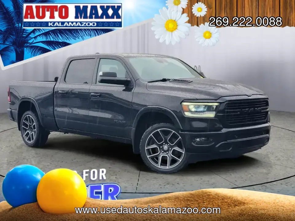2019 /Black Ram 1500 Laramie (1C6SRFRT4KN) with an V8, 5.7L engine, 8-speed automatic transmission, located at 6064 Gull Rd, Kalamazoo, MI, 49048, (269) 222-0088, 42.328388, -85.512924 - Need a truck that can handle Michigan winters, weekend towing, and comfortable daily commuting from Kalamazoo to Portage or Battle Creek-without feeling like a bare-bones work rig? This 2019 Ram 1500 Laramie 4WD is built for real life: school runs, job sites, lake weekends, and long highway stretche - Photo#0