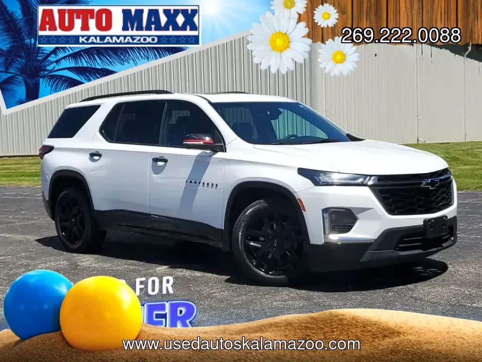 2023 /Jet Black Chevrolet Traverse Premier (1GNEVKKW3PJ) with an V6, 3.6L engine, 9-speed automatic transmission, located at 6064 Gull Rd, Kalamazoo, MI, 49048, (269) 222-0088, 42.328388, -85.512924 - Road-trip families, everyday commuters, and weekend adventurers-this 2023 Chevrolet Traverse Premier AWD is built for the kind of life that doesn't slow down. With three rows, confident all-weather capability, and the upscale comfort you want on long drives up I-94 or quick errands across Kalamazoo, - Photo#0