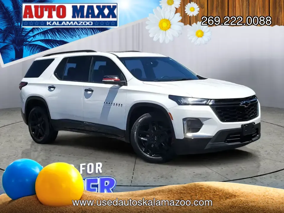 2023 /Jet Black Chevrolet Traverse Premier (1GNEVKKW3PJ) with an V6, 3.6L engine, 9-speed automatic transmission, located at 6064 Gull Rd, Kalamazoo, MI, 49048, (269) 222-0088, 42.328388, -85.512924 - Road-trip families, everyday commuters, and weekend adventurers-this 2023 Chevrolet Traverse Premier AWD is built for the kind of life that doesn't slow down. With three rows, confident all-weather capability, and the upscale comfort you want on long drives up I-94 or quick errands across Kalamazoo, - Photo#0