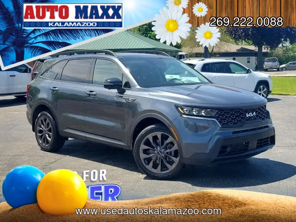 2023 /Black Kia Sorento X-Line SX Prestige (5XYRKDLF3PG) with an 4 Cyl, 2.5L engine, 8-speed auto-shift manual transmission, located at 6064 Gull Rd, Kalamazoo, MI, 49048, (269) 222-0088, 42.328388, -85.512924 - For families juggling school drop-offs, long commutes up and down I-94, and weekend escapes to Lake Michigan, this 2023 Kia Sorento X-Line SX Prestige AWD is built to keep life moving in comfort and confidence. With three-row flexibility, upscale tech, and all-weather capability, it's an easy fit fo - Photo#0