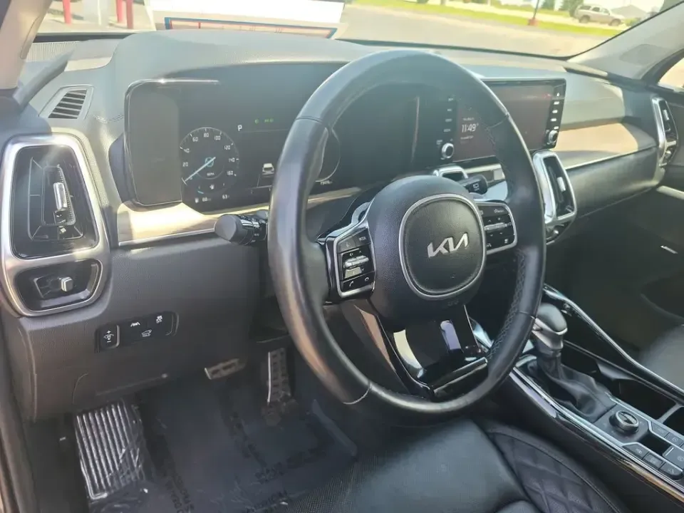 2023 /Black Kia Sorento X-Line SX Prestige (5XYRKDLF3PG) with an 4 Cyl, 2.5L engine, 8-speed auto-shift manual transmission, located at 6064 Gull Rd, Kalamazoo, MI, 49048, (269) 222-0088, 42.328388, -85.512924 - For families juggling school drop-offs, long commutes up and down I-94, and weekend escapes to Lake Michigan, this 2023 Kia Sorento X-Line SX Prestige AWD is built to keep life moving in comfort and confidence. With three-row flexibility, upscale tech, and all-weather capability, it's an easy fit fo - Photo#7