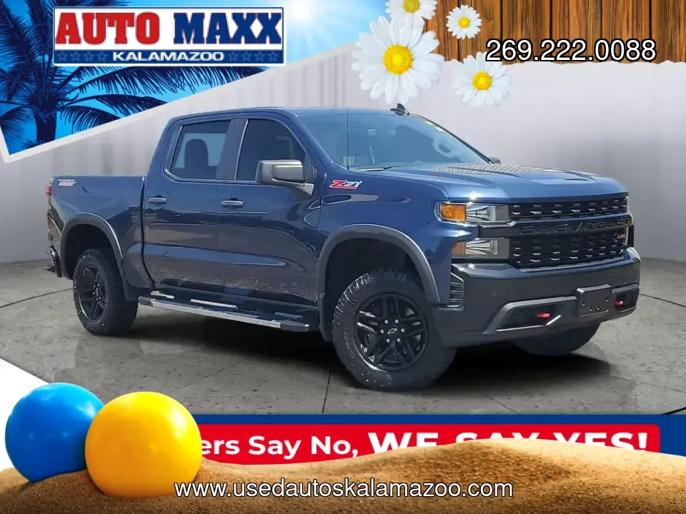 2021 Northsky Blue Metallic /BLACK Chevrolet Silverado 1500 Custom Trail Boss (1GCPYCEF8MZ) with an EcoTec3 5.3L V8 engine, Automatic transmission, located at 6064 Gull Rd, Kalamazoo, MI, 49048, (269) 222-0088, 42.328388, -85.512924- Photo#0